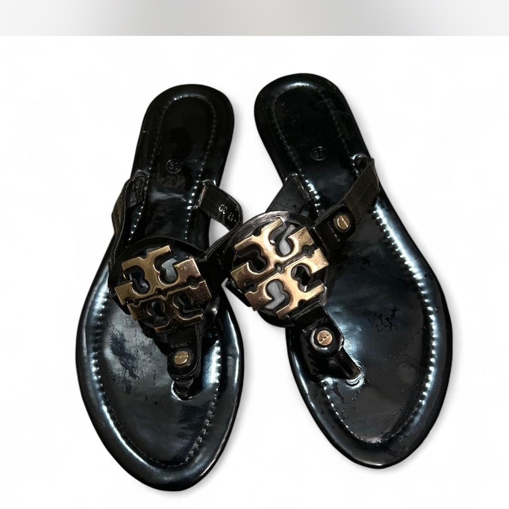 Tory Burch Black Sandals with Gold Logo
